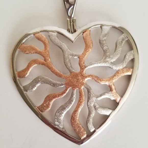 925 Sterling Silver Rose Gold Large Webbed Non Tarnish Heart Pendant Necklace - Picture 1 of 8